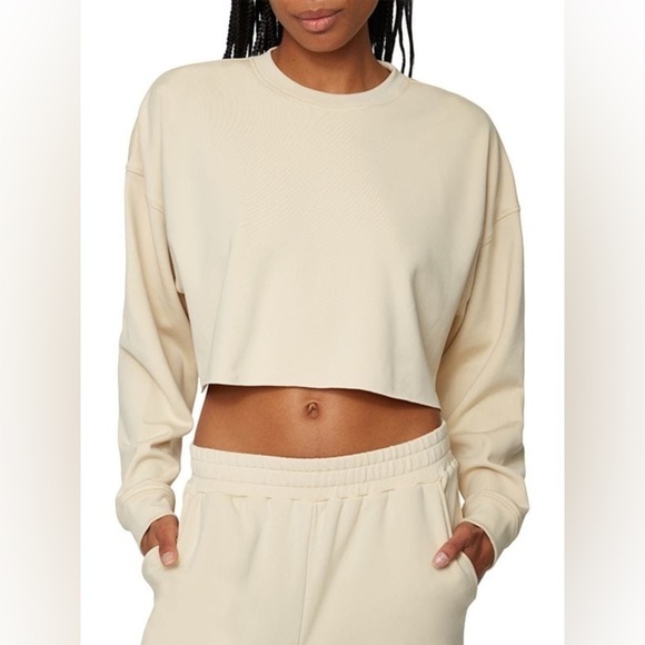 WeWoreWhat Cropped Crewneck Sweatshirt Long Sleeves, Relaxed Fit Tan Medium - Picture 1 of 10